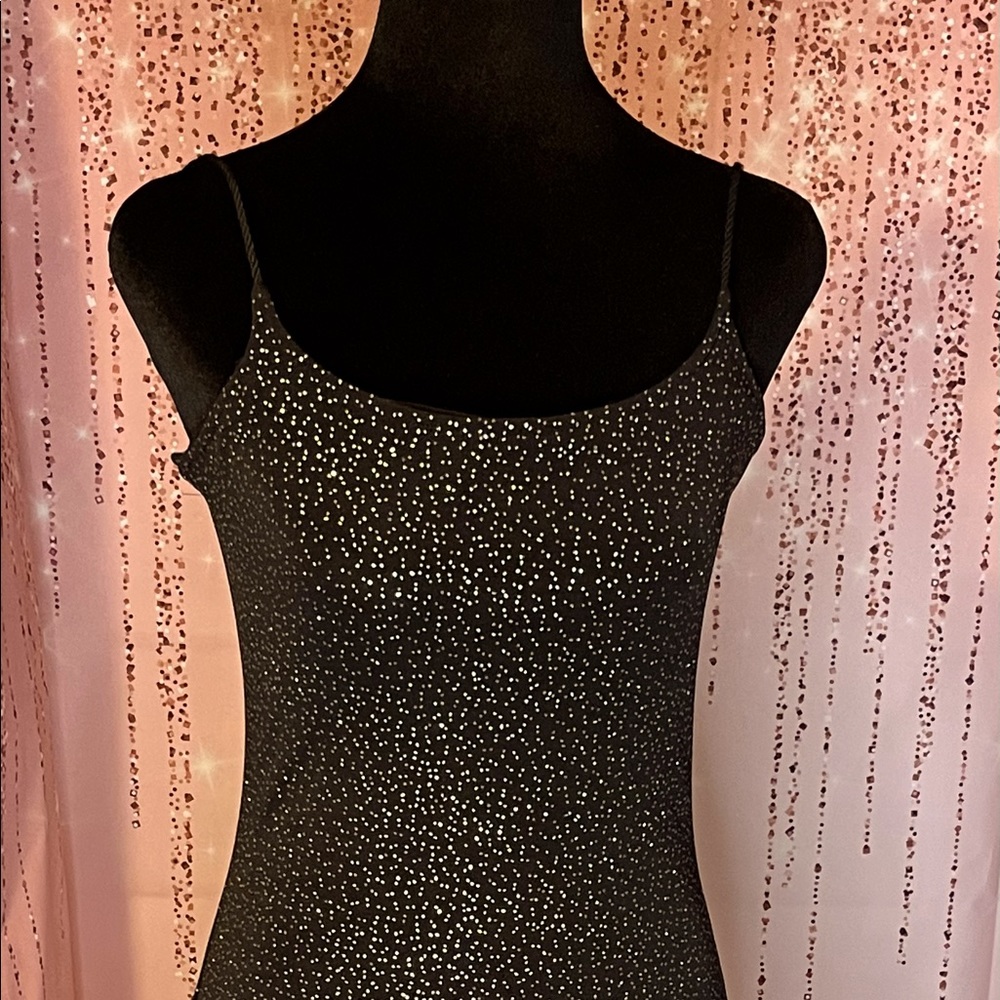 Black Glittered Short Dress w/ Spaghetti Straps, Sleeveless Flared Skater Dress